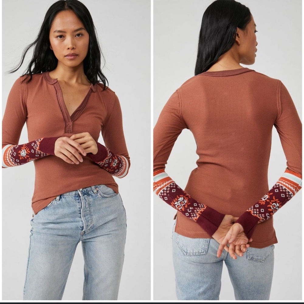 Free People Mikah Notch Neck Top Thermal Fair Isle Sleeves Autumn Combo